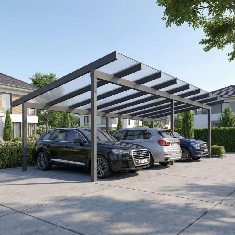 Pultdach-Reihencarport aus Aluminium und Glas für Fahrzeugschutz